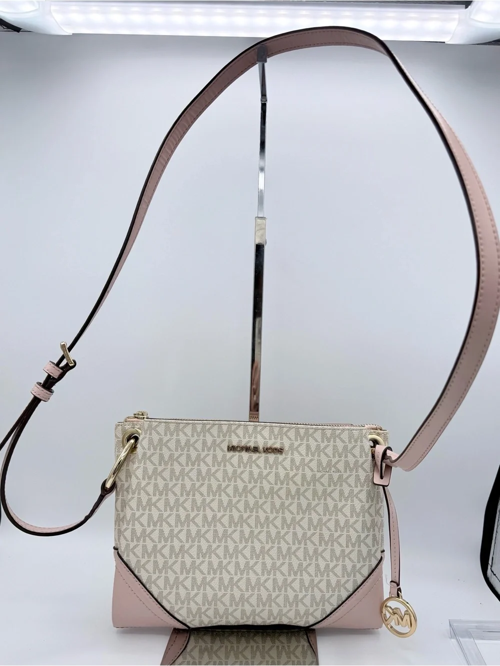 Michael Kors Nicole Large Logo Crossbody Bag Vanilla MK Signature Blush Pink